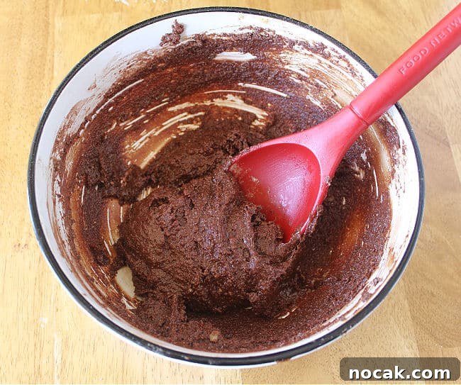Fudgy Dark Chocolate Cookies — Nut Free Recipe 8 Dark chocolate cookie dough batter being stirred with a red spoon.