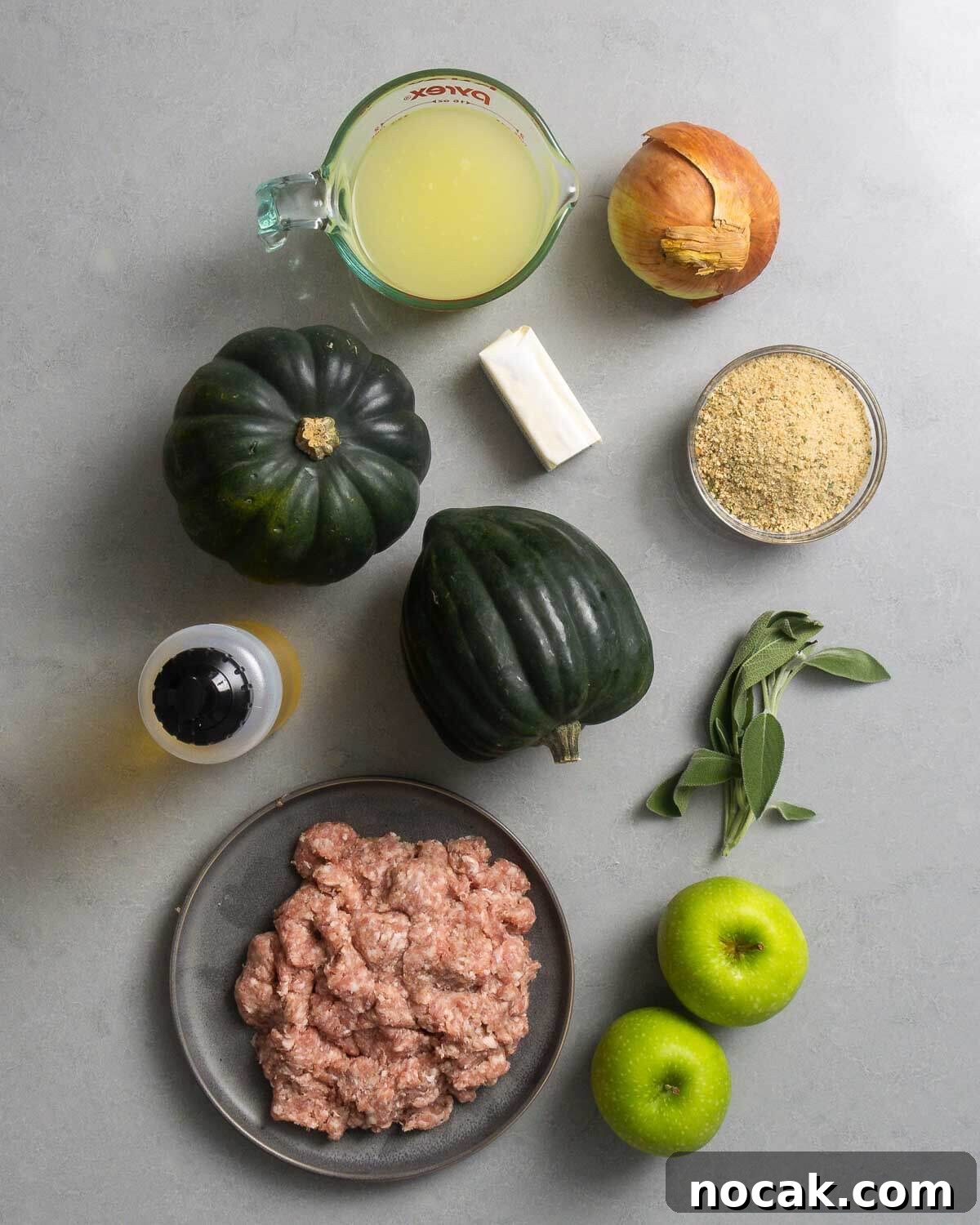 Sausage-Stuffed Acorn Squash Recipe for Cozy Fall Dinners 3 Ingredients shown: chicken stock, onion, acorn squash, butter, breadcrumbs, olive oil, sage, bulk Italian sausage, and apples.