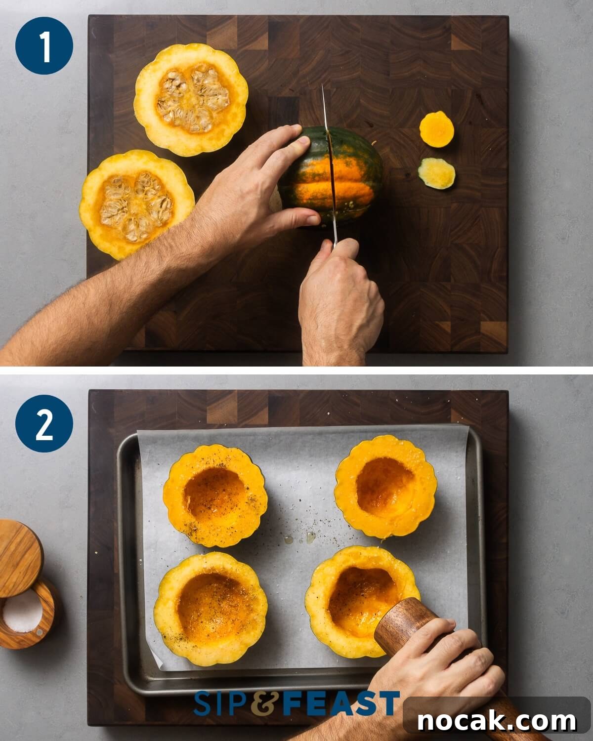 Sausage-Stuffed Acorn Squash Recipe for Cozy Fall Dinners 4 Stuffed acorn squash recipe collage group one showing cutting and seasoning of acorn squash.