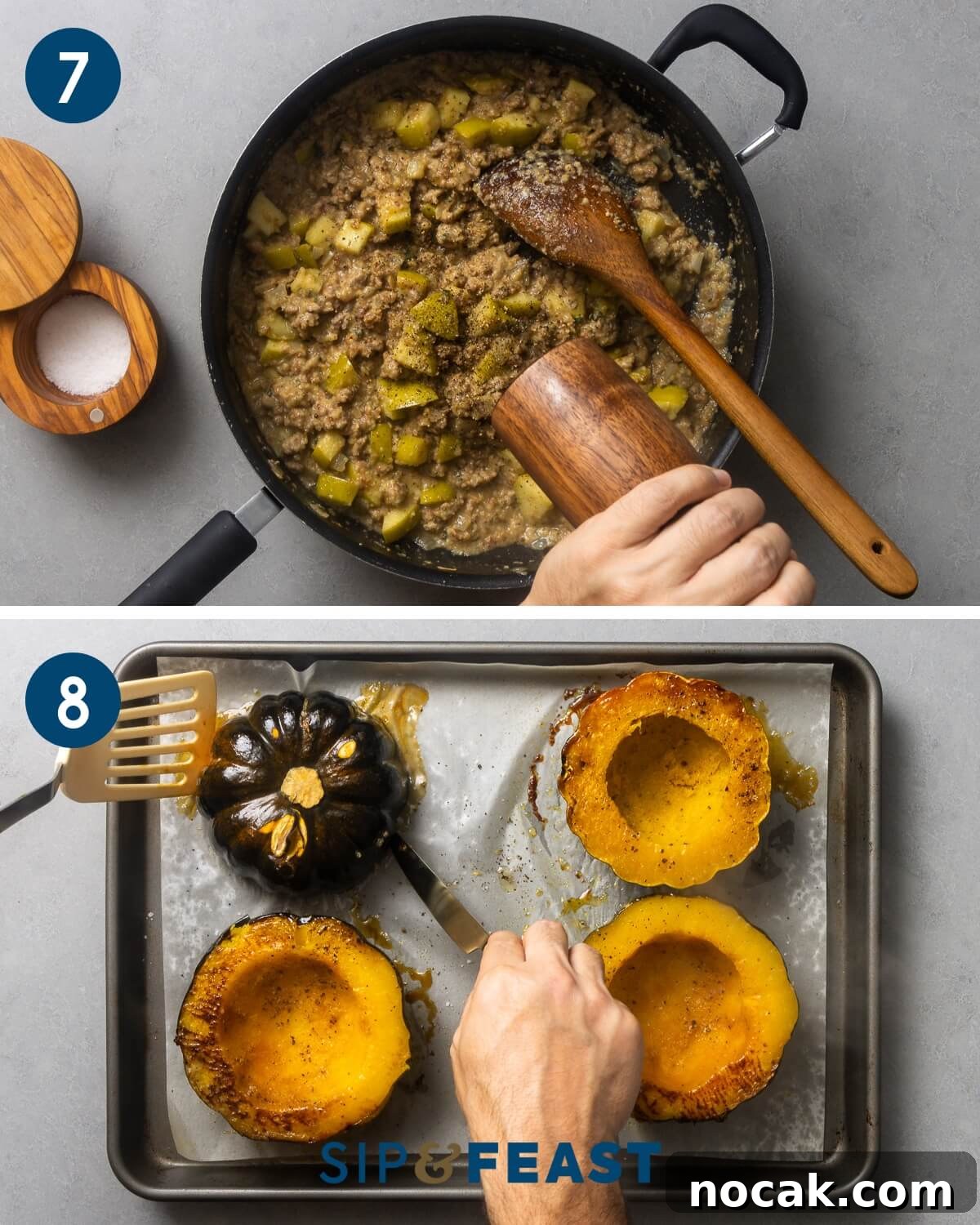 Sausage-Stuffed Acorn Squash Recipe for Cozy Fall Dinners 5 Recipe collage four showing seasoning the stuffing and flipping the baked acorin squash halves over with spatula.