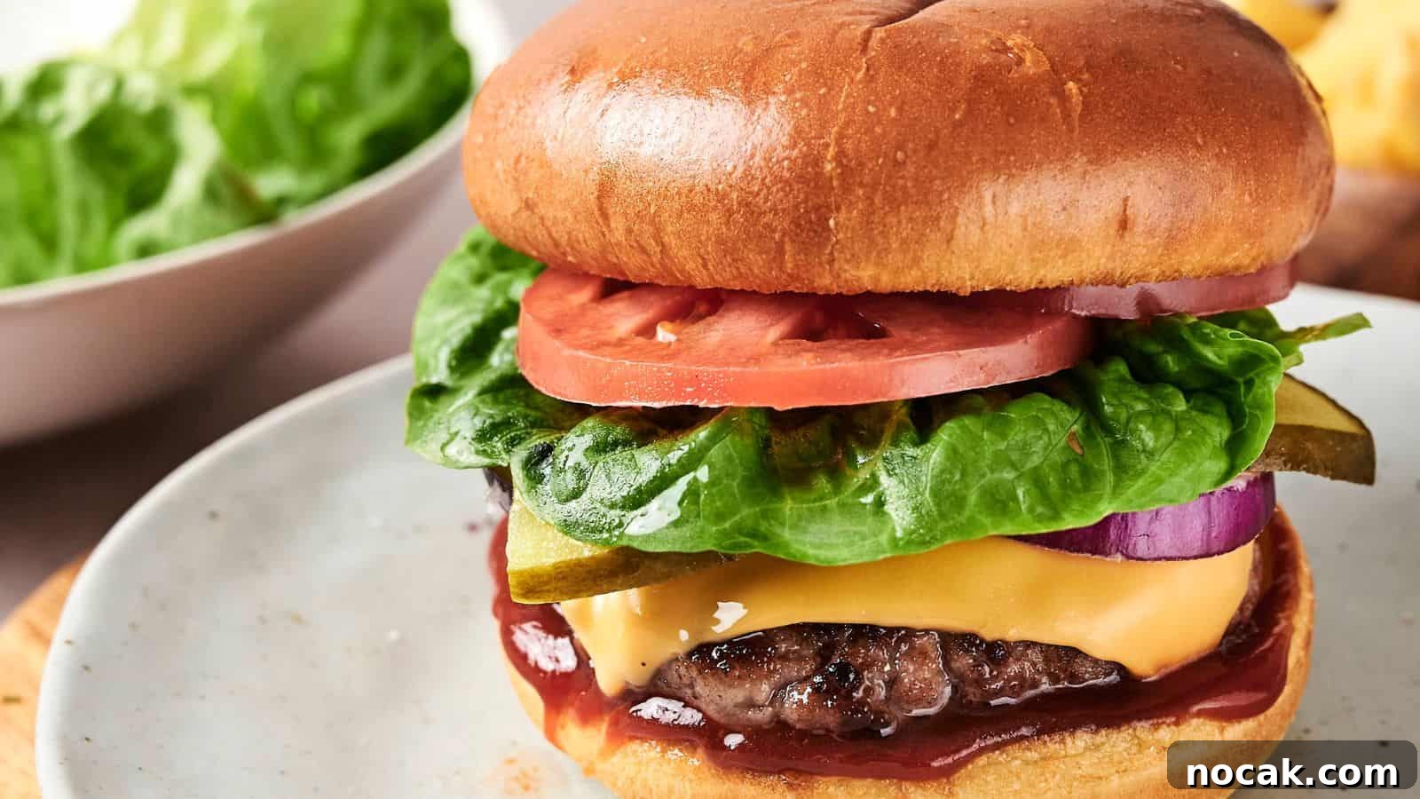 23 Crowd-Pleasing Cookout Recipes for Memorial Day Weekend 11 A cheeseburger with lettuce, tomato, pickles, onion, and ketchup on a plate. A bowl of lettuce is in the background.