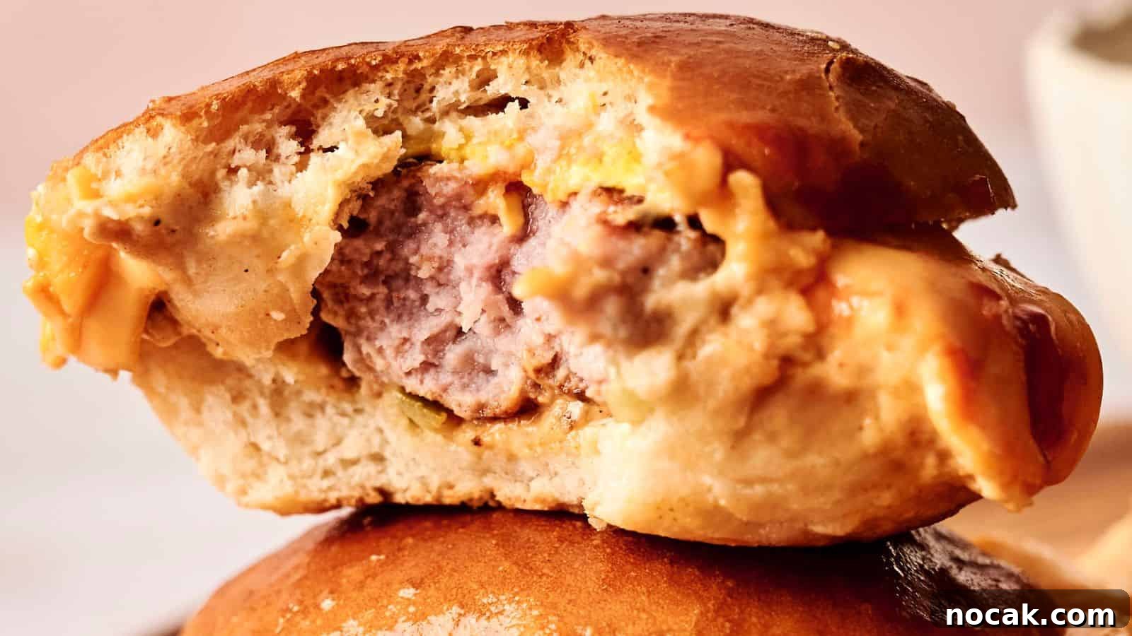 23 Crowd-Pleasing Cookout Recipes for Memorial Day Weekend 13 Close-up of a partially eaten burger with cheese in a bun, showing the meat patty's texture.