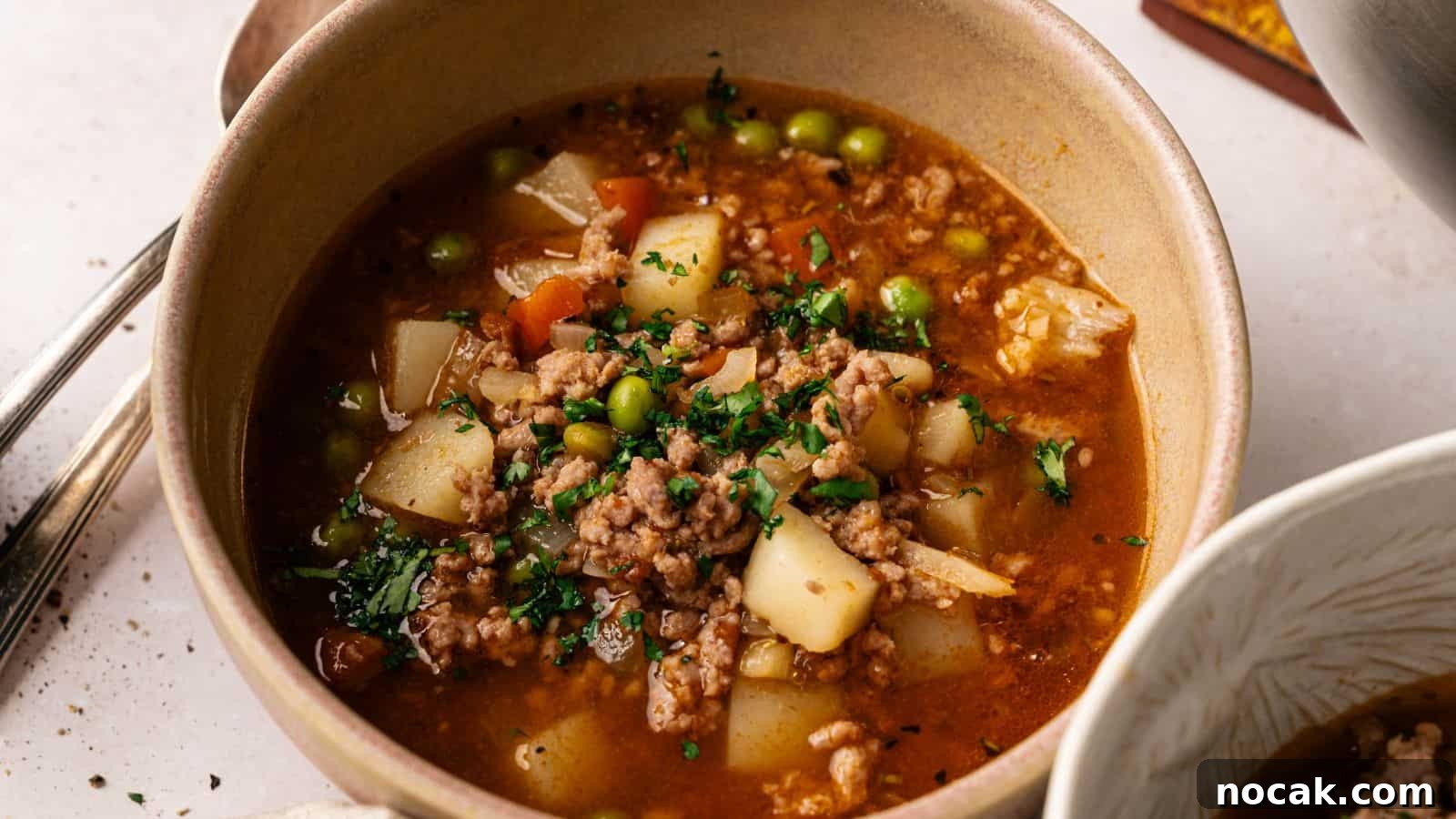 23 Crowd-Pleasing Cookout Recipes for Memorial Day Weekend 20 A bowl of ground meat stew with potatoes, peas, carrots, and herbs in a rich broth, garnished with chopped parsley.