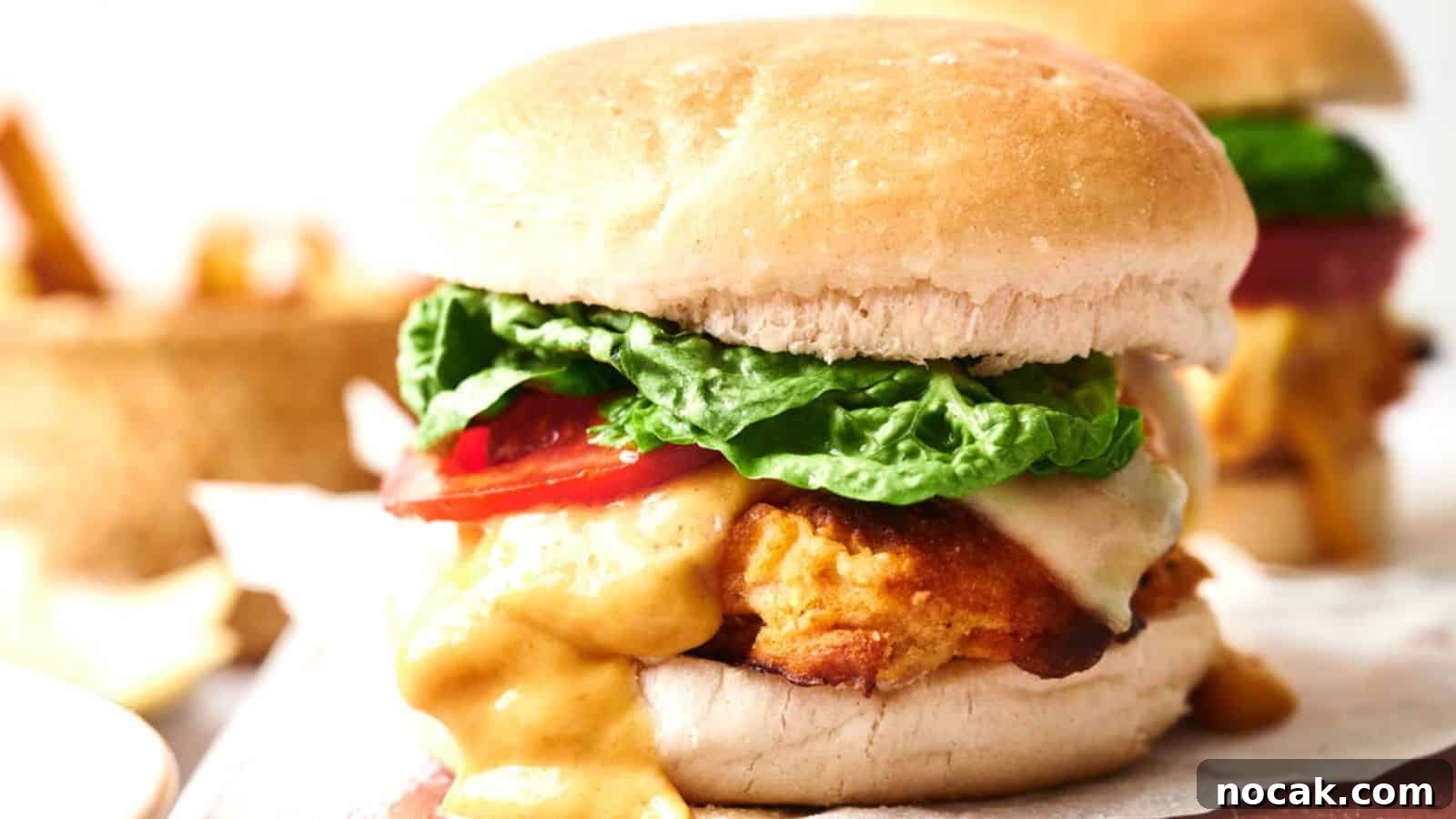 23 Crowd-Pleasing Cookout Recipes for Memorial Day Weekend 22 A chicken sandwich with lettuce, tomato, and sauce on a bun, with fries in the background.
