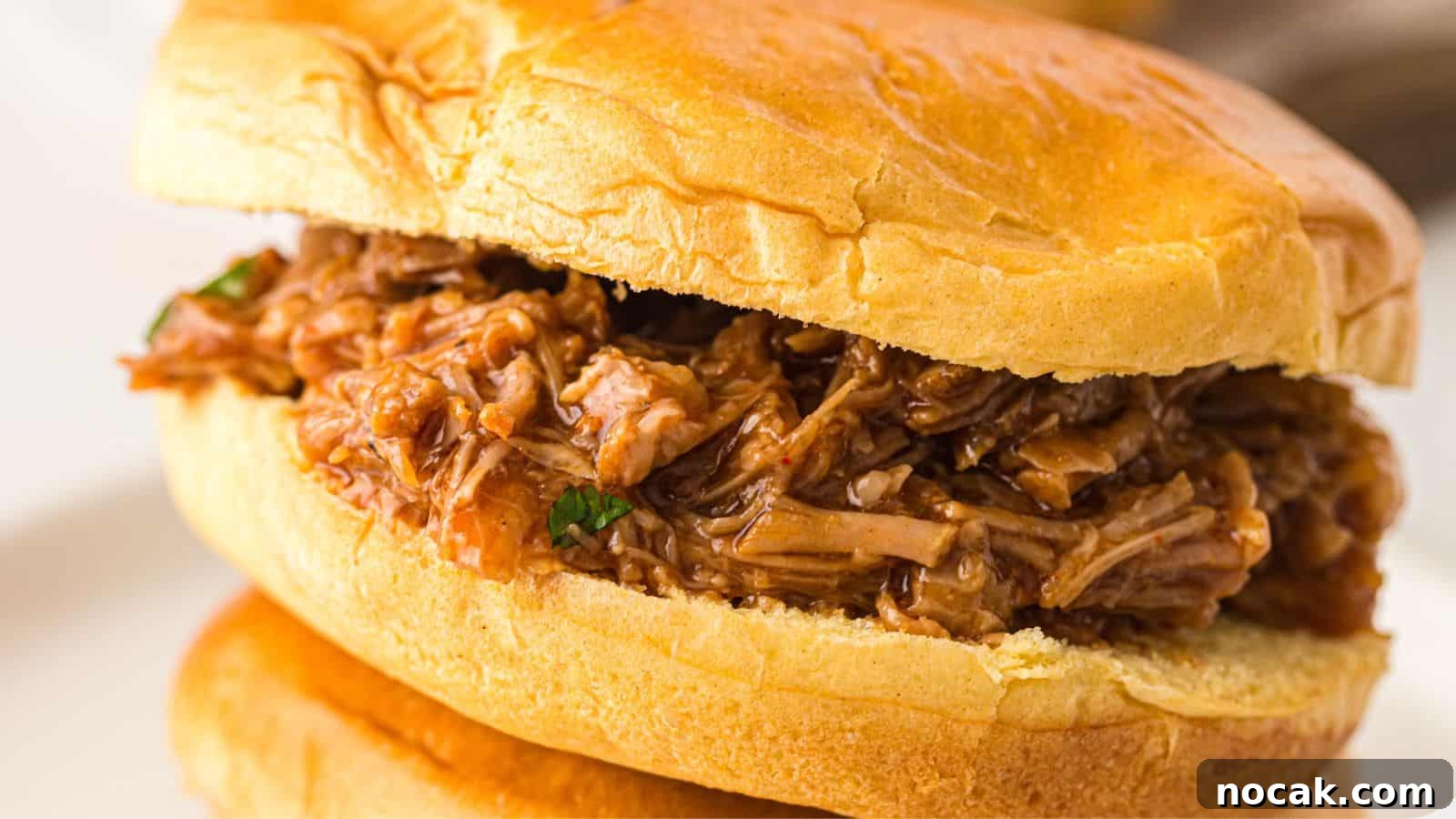 23 Crowd-Pleasing Cookout Recipes for Memorial Day Weekend 23 A close-up of a pulled pork sandwich on a soft bun, filled with shredded, saucy pork.