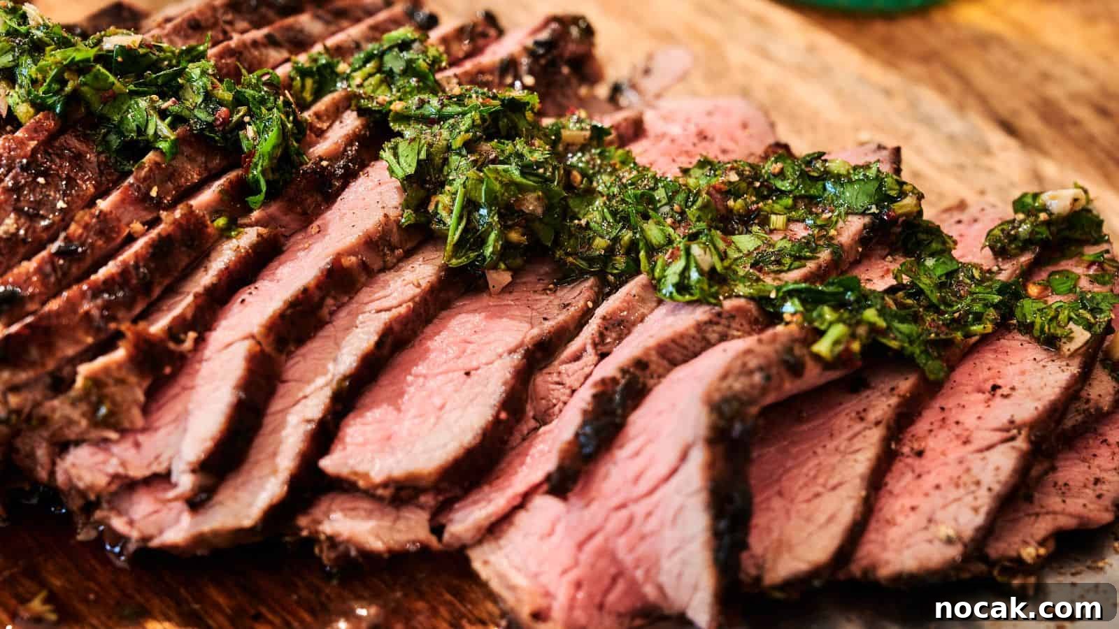 23 Crowd-Pleasing Cookout Recipes for Memorial Day Weekend 8 Sliced medium-rare steak arranged on a wooden board, topped with a green herb sauce.