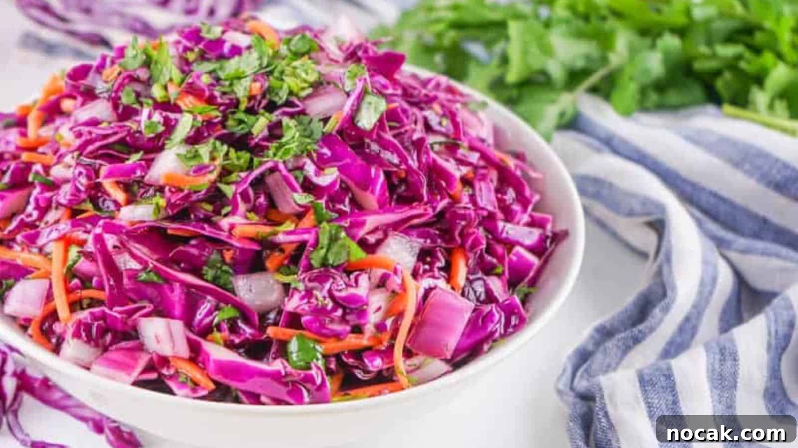 23 Crowd-Pleasing Cookout Recipes for Memorial Day Weekend 9 A bowl of fresh red cabbage coleslaw garnished with herbs.