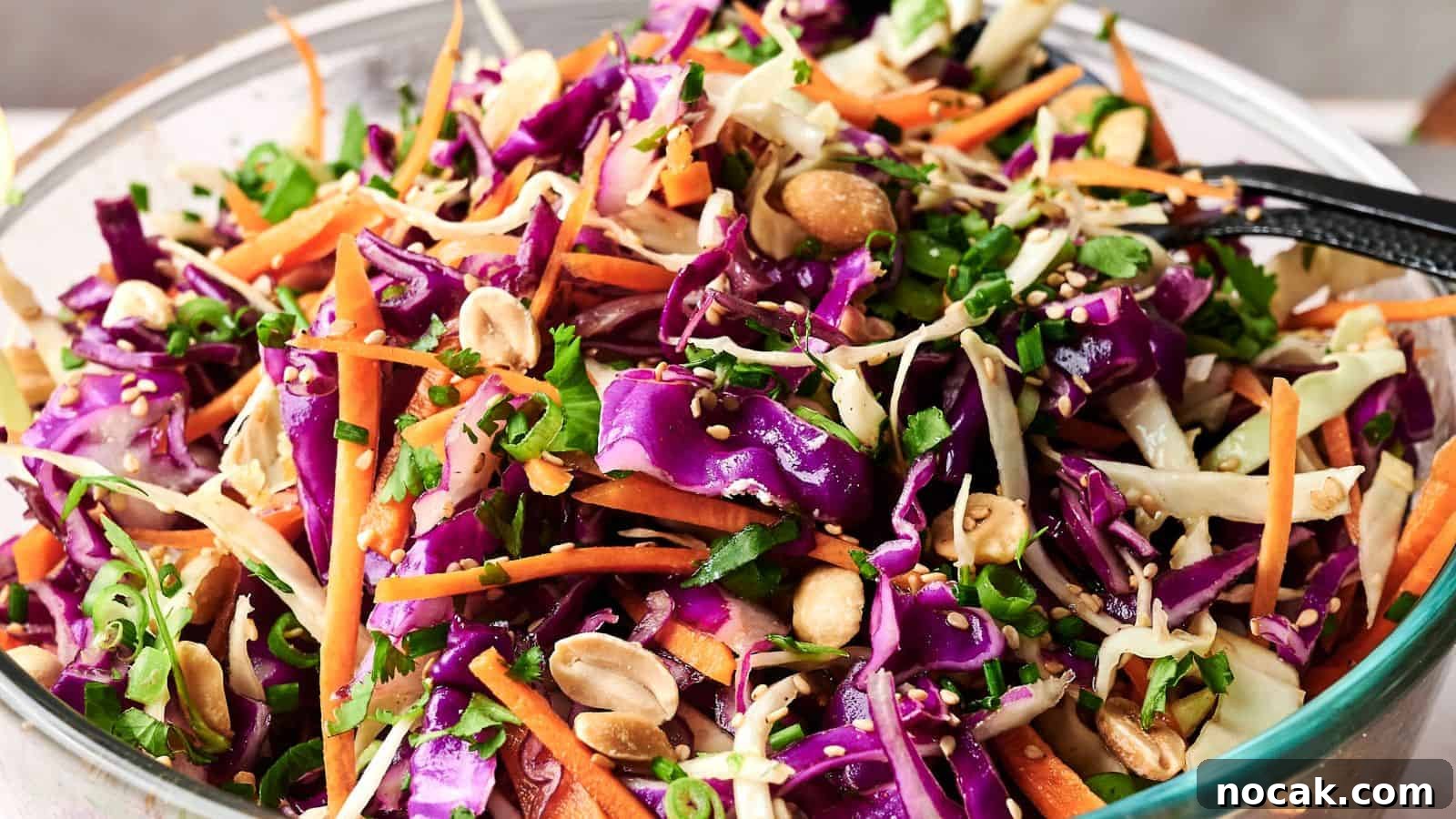 23 Crowd-Pleasing Cookout Recipes for Memorial Day Weekend 10 A bowl of colorful coleslaw with shredded purple and green cabbage, carrots, chopped peanuts, and greens, mixed with dressing.