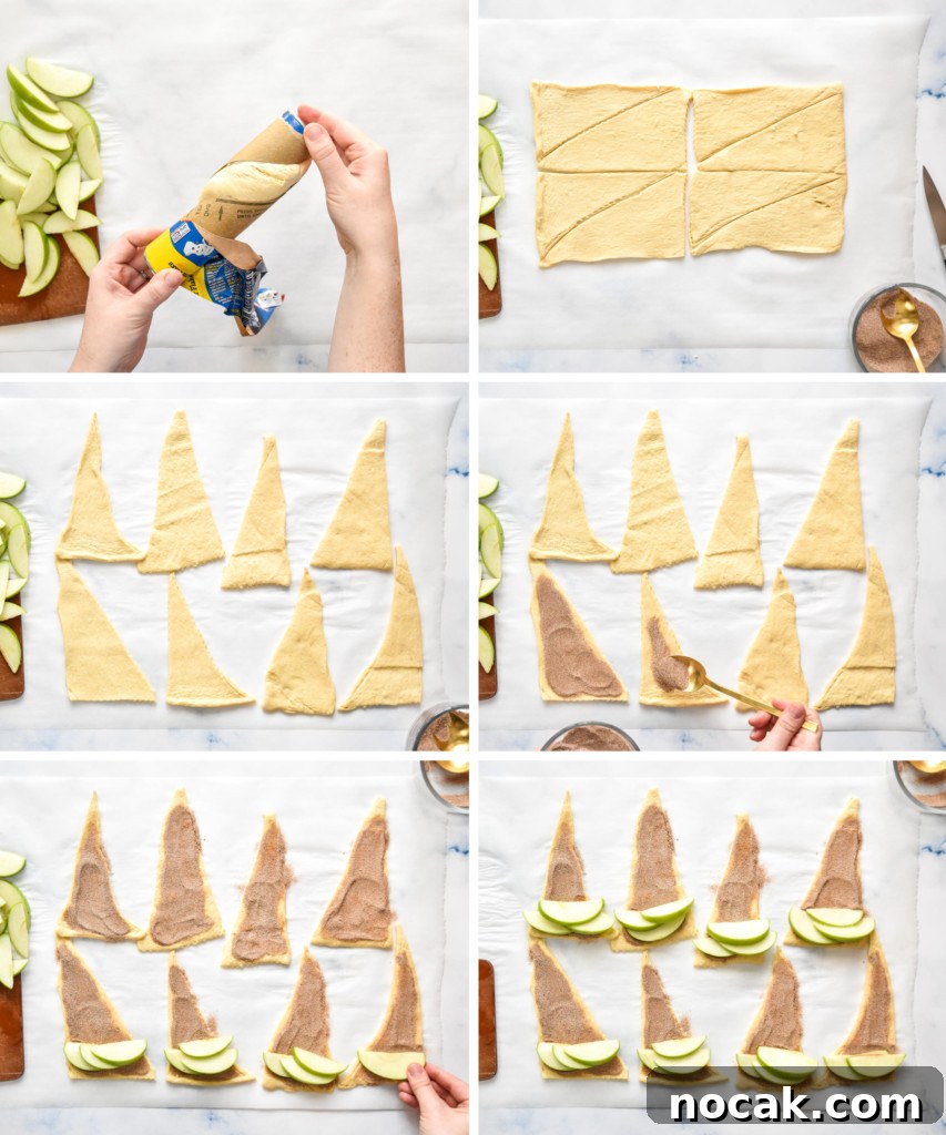 Air Fryer Apple Pie Crescent Rolls Recipe 6 step by step of assembling the air fryer apple pie crescent rolls top down view.