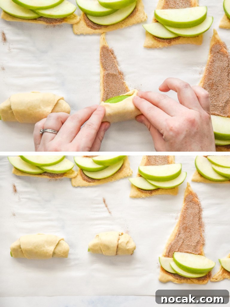 Air Fryer Apple Pie Crescent Rolls Recipe 7 rolling the air fryer apple pie crescent rolls with apples and cinnamon sugar inside.