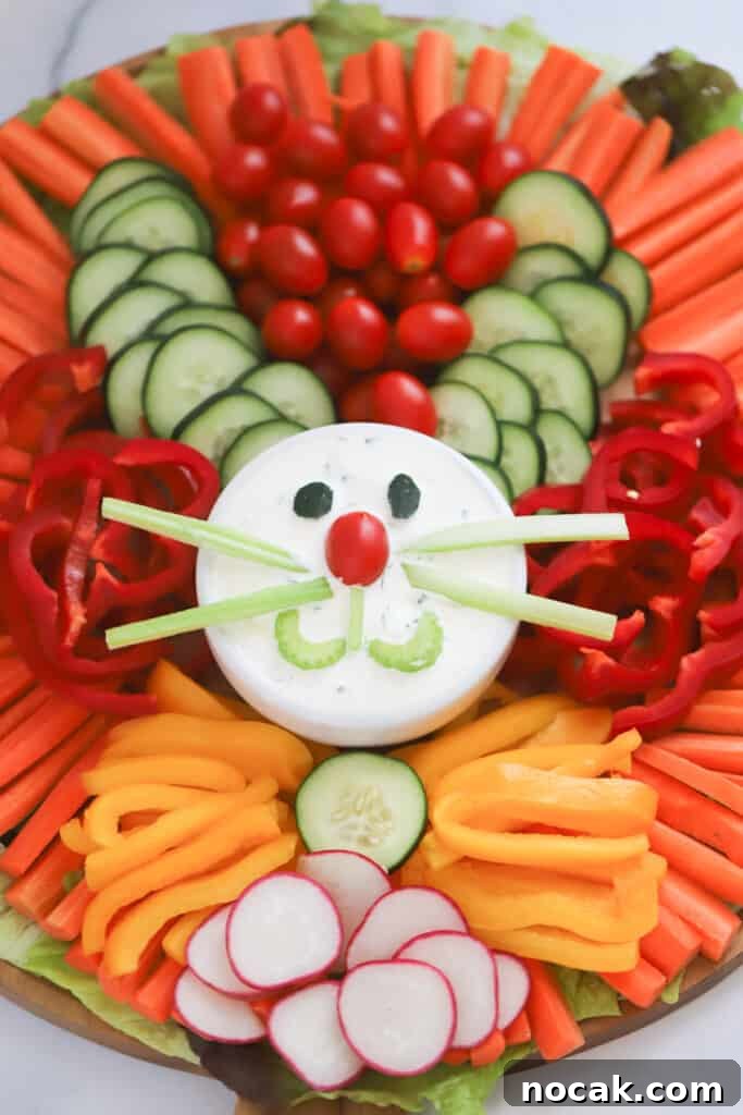 Festive Holiday Vegetable Tray Ideas for Entertaining 2 Easter veggie tray made to look like an easter bunny, using fresh cut veggies and a bowl with dip.