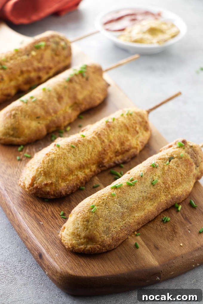 Crispy Air Fryer Corn Dogs Recipe (Homemade) 2 Homemade corn dogs on a serving board with ketchup and mustard in the background.