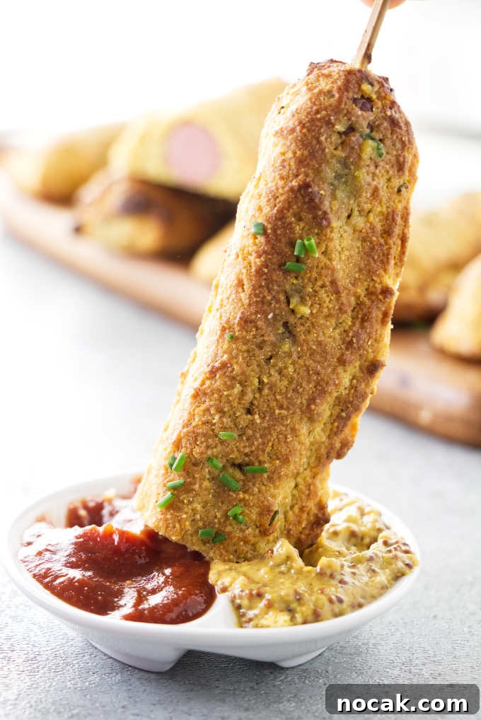 Crispy Air Fryer Corn Dogs Recipe (Homemade) 6 A corn dog being dipped into ketchup.