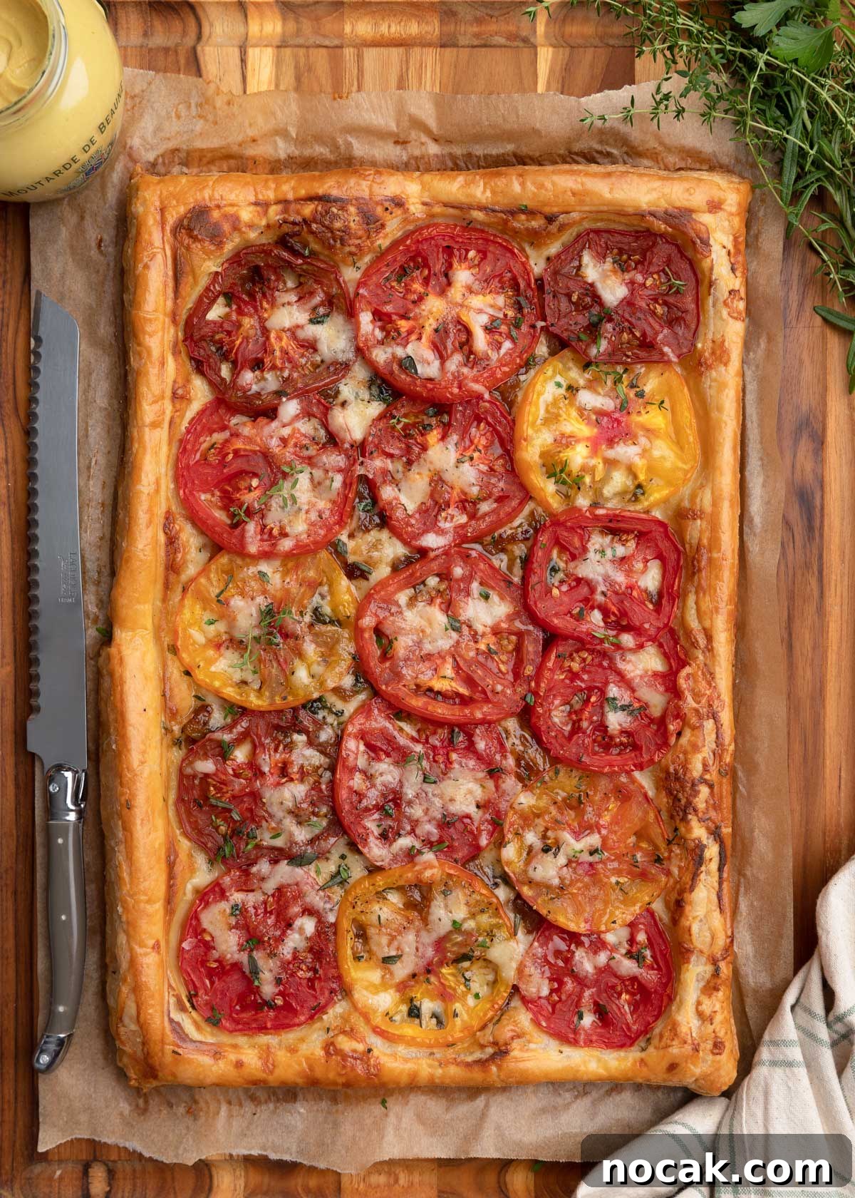 Crispy Puff Pastry Tomato Tart with Herbed Goat Cheese 2 overhead photo of a puff pastry tomato tart on a wood cutting board