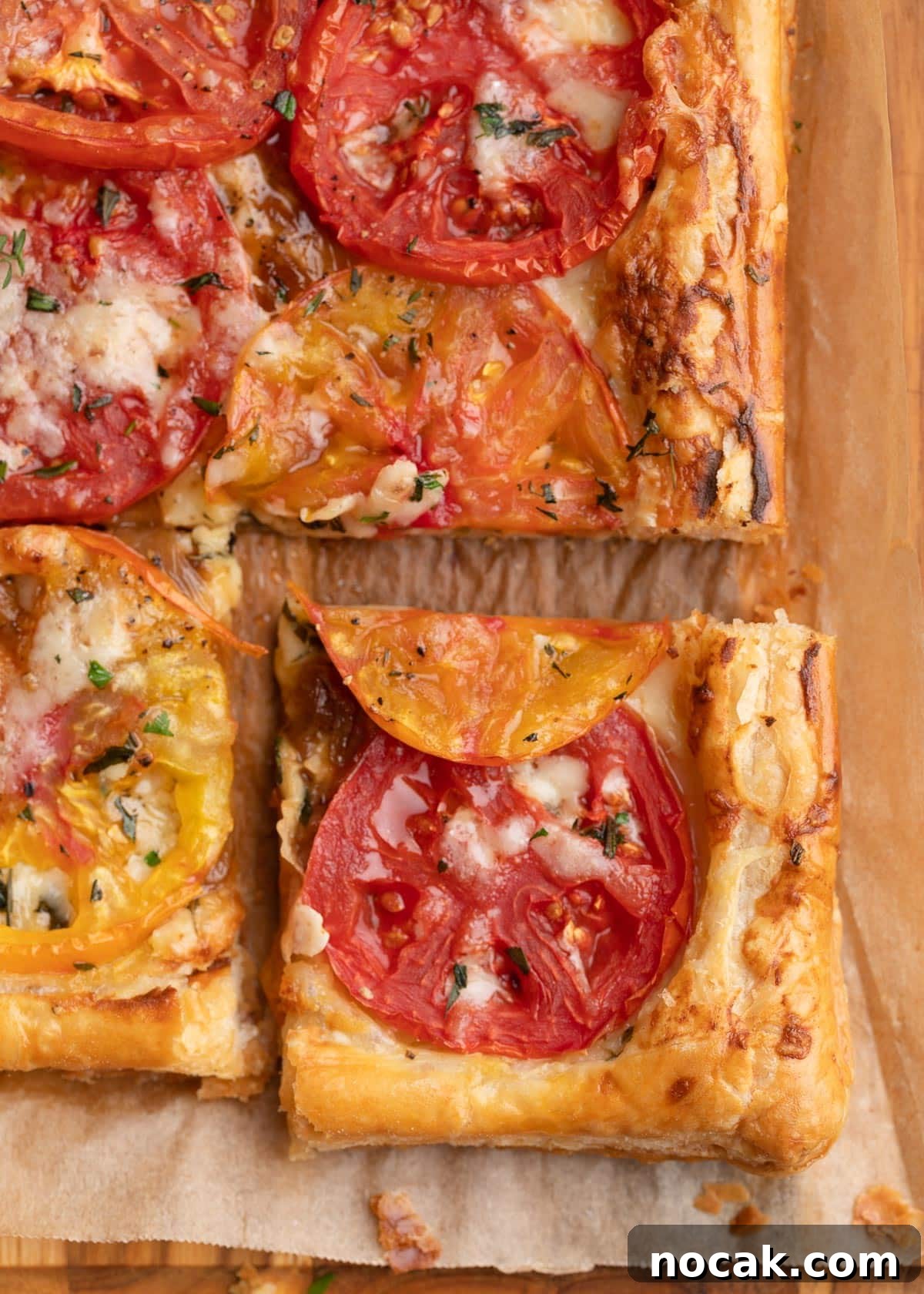 Crispy Puff Pastry Tomato Tart with Herbed Goat Cheese 11 overhead closeup of a sliced puff pastry tomato tart on a parchment-lined wooden board