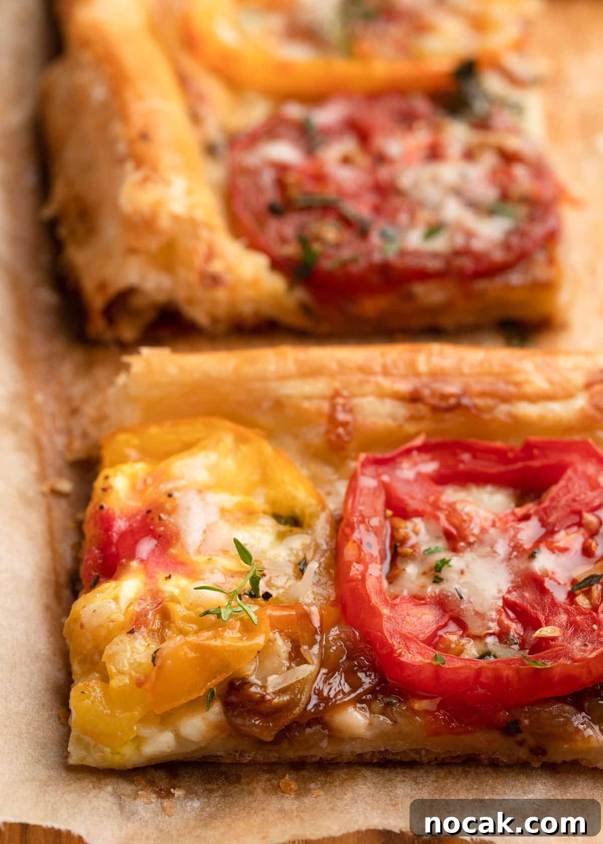 Crispy Puff Pastry Tomato Tart with Herbed Goat Cheese 12 closeup of a slice of baked puff pastry tomato tart on parchment paper
