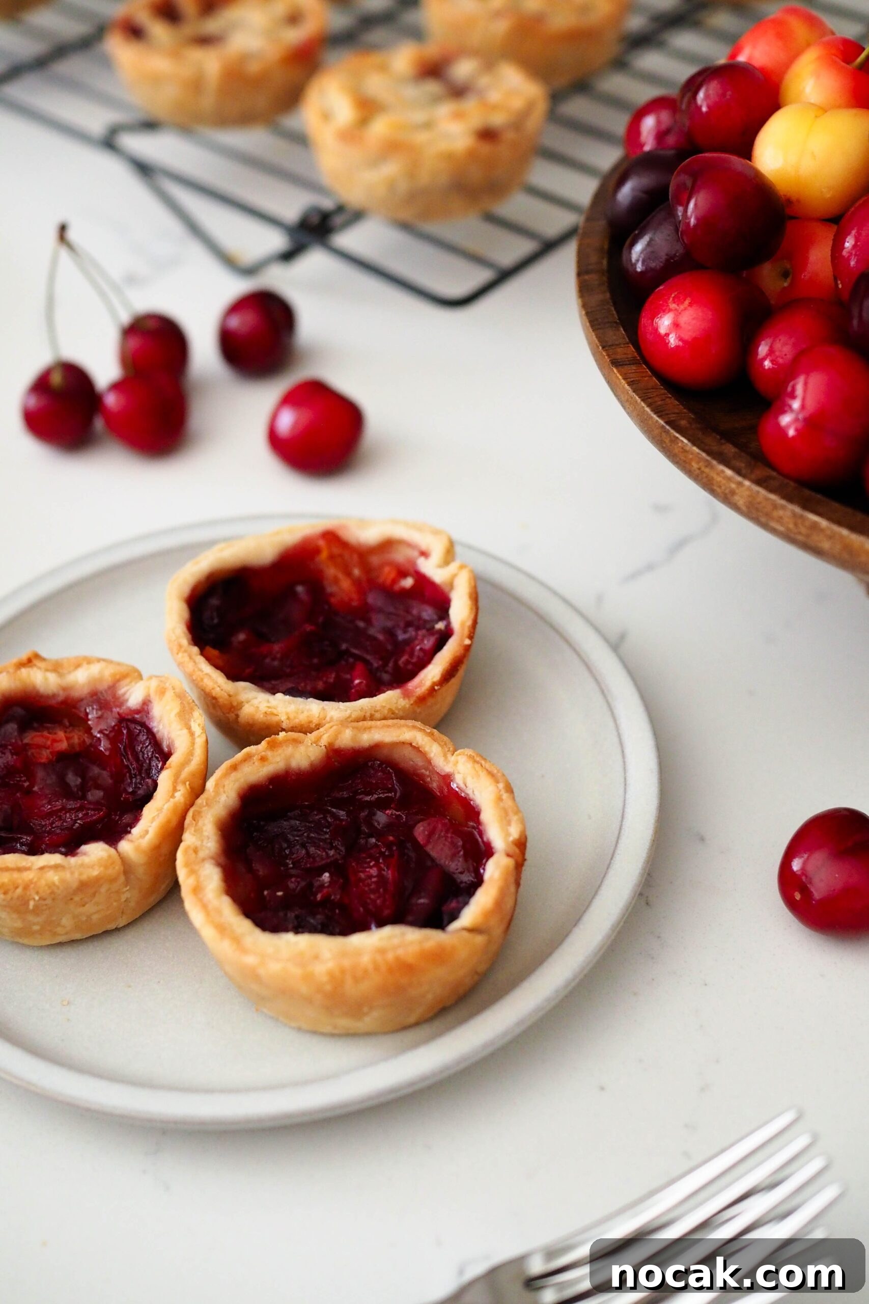 Mini Cherry Pies Recipe: Perfect Bite-Sized Cherry Hand Pies 13 Three mini cherry pies without lattices on a plate.