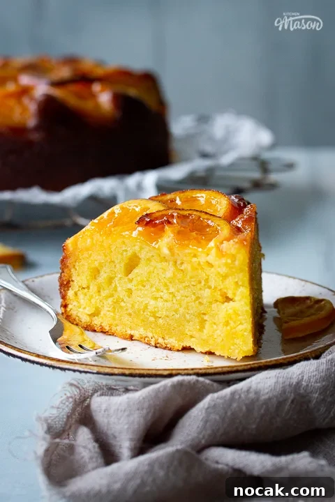 Sticky Orange Glaze Cake Recipe with Zesty Citrus Flavor 3 A close up front view of a slice of sticky orange cake on a small white plate with a fork set over a cool grey wood effect backdrop. In the background there is the remaining sticky orange cake on a round cooling rack, some dried orange slices and a light brown linen napkin.
