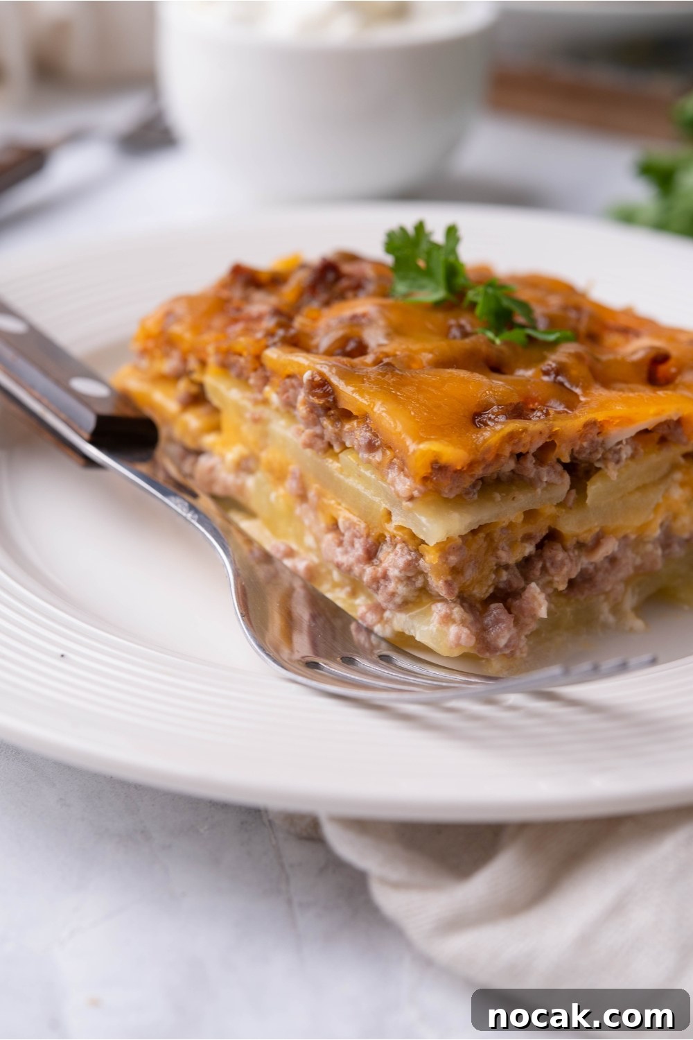Hearty Hamburger and Potato Casserole with Canned Soup 3 Single serving of hamburger potato casserole on a white plate with a fork on the plate.