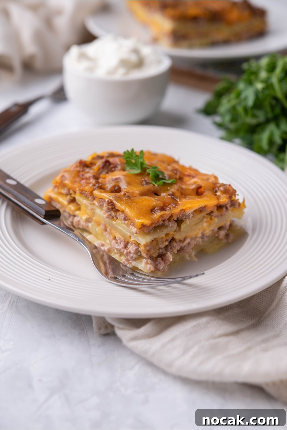 Hearty Hamburger and Potato Casserole with Canned Soup 9 Single serving of hamburger potato casserole on a white plate with a fork on the plate.