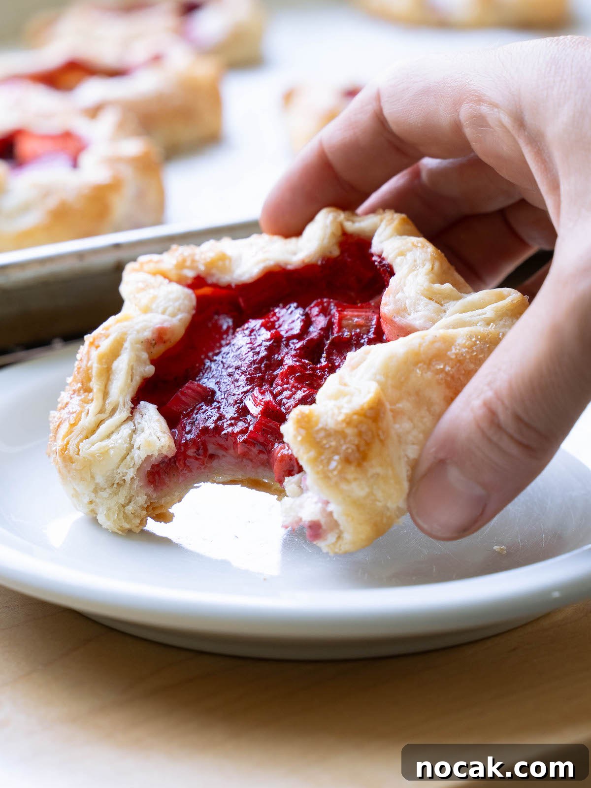 Rustic Strawberry Rhubarb Galettes with Flaky Crust 5 Close up of a galette to show fruit and pie dough texture