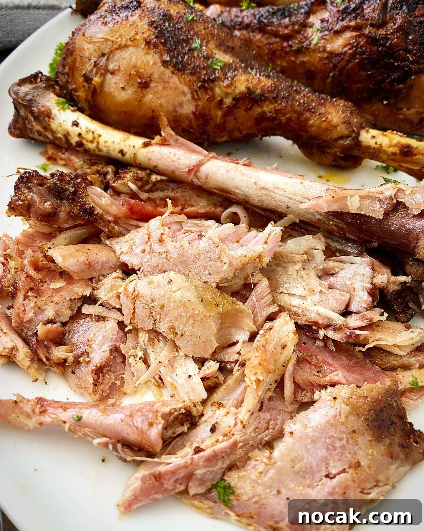 Slow Cooker Turkey Legs Recipe with Step-by-Step Video 8 close up shot of shredded turkey leg meat on a white plate garnished with fresh parsley