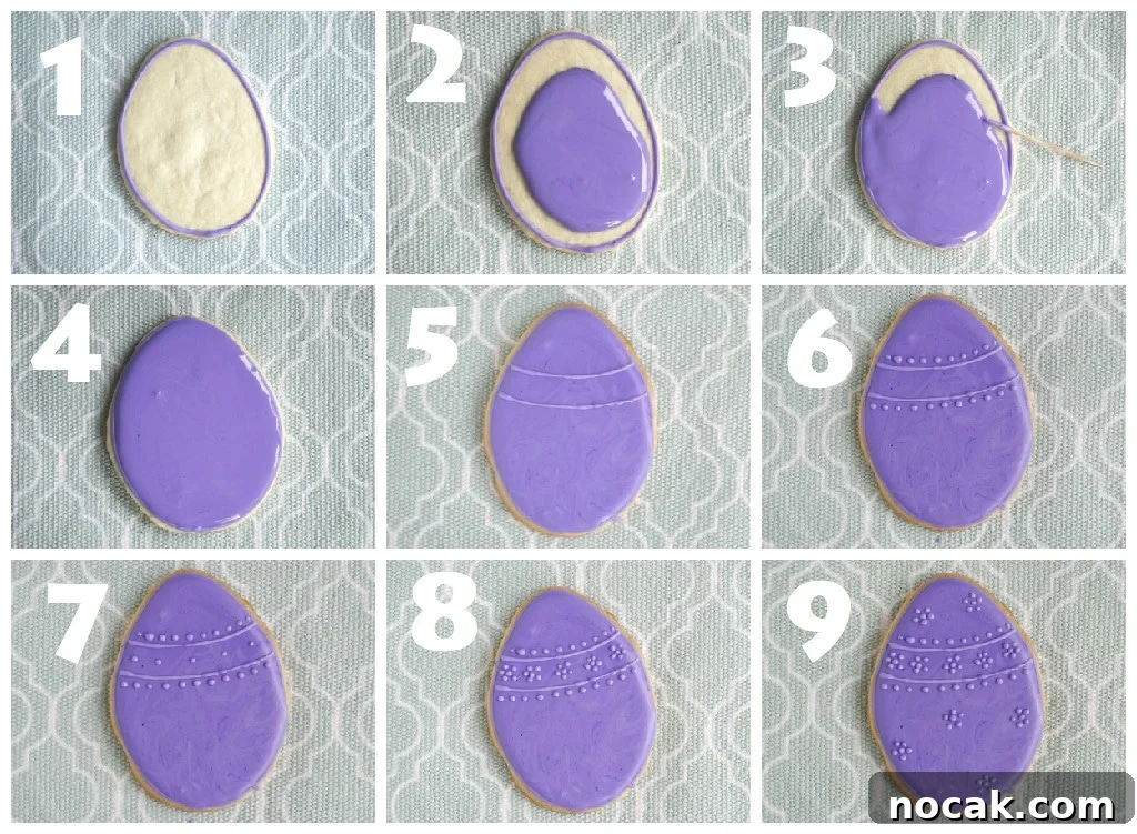 Gluten-Free Easter Sugar Cookies: Soft, Festive Egg Cookies 3 A collage of photos showing the step-by-step process of making Easter egg sugar cookie designs with royal icing.