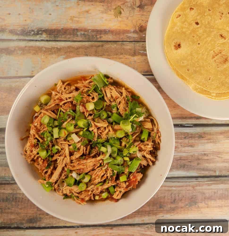 Instant Pot Shredded Salsa Chicken Recipe 8 Above view of tacos and corn tortillas