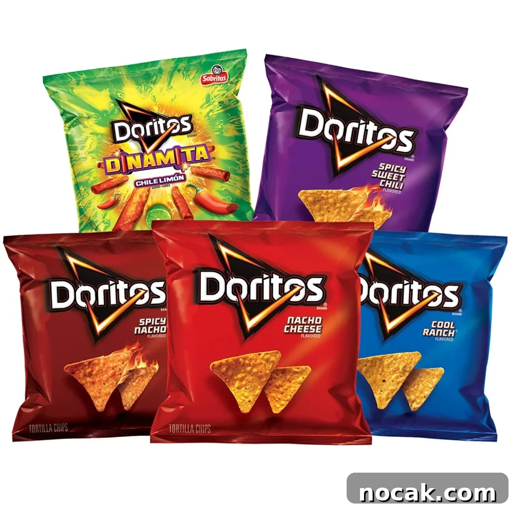 Dorito Dip Recipes: 10 Crowd-Pleasing Dips for Nacho Nights 5 Five bags of Doritos in different varieties including "Dinamita" Chile Limon, Sweet Spicy Chili, Spicy Nacho, Nacho Cheese, and Cool Ranch