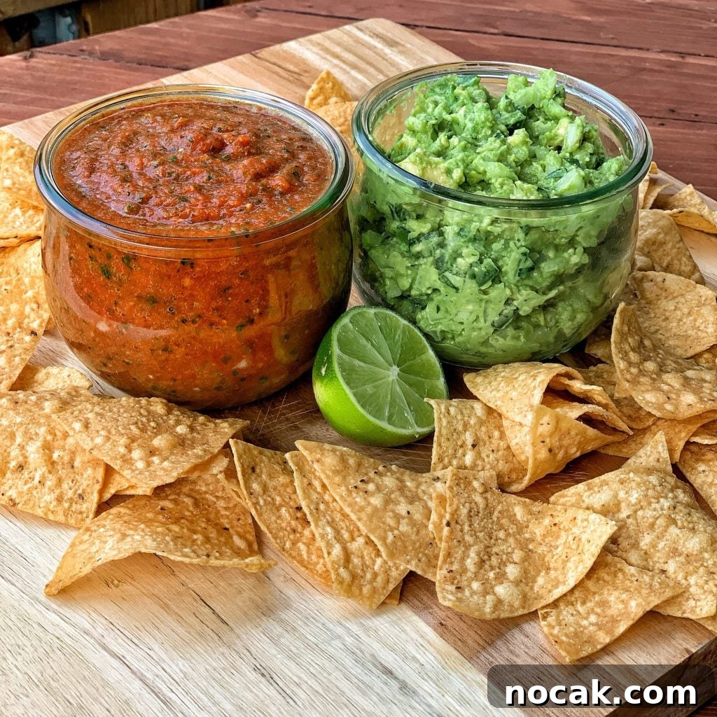 Dorito Dip Recipes: 10 Crowd-Pleasing Dips for Nacho Nights 8 A jar of salsa next to a jar of guacamole surrounded by corn chips and half a lime