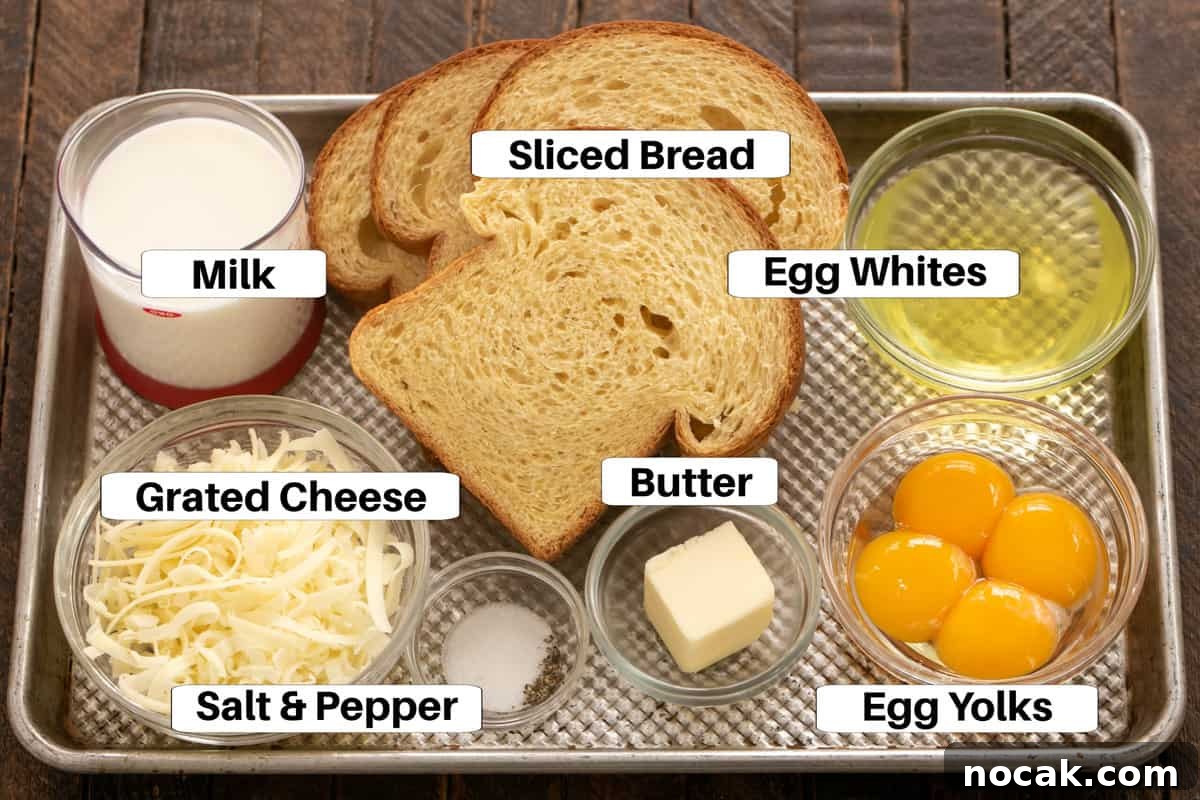 Fluffy Cheese Omelet (Cheese Soufflé Style) 2 Cheese Souffle Ingredients on a sheetpan with labels.