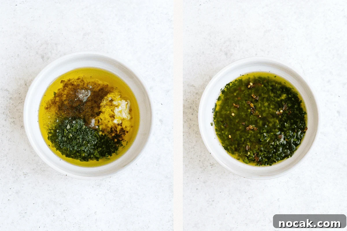 Left: sauce ingredients measured into bowl. Right: sauce mixed up in bowl. 