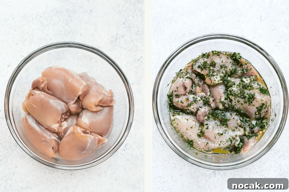 Left: chicken in bowl. Right: chicken marinating in chimichurri sauce in bowl. 