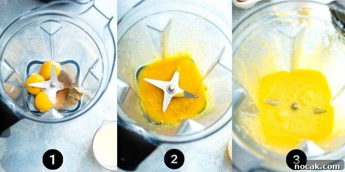 Step by step photos on how to make Hollandaise sauce in a blender.
