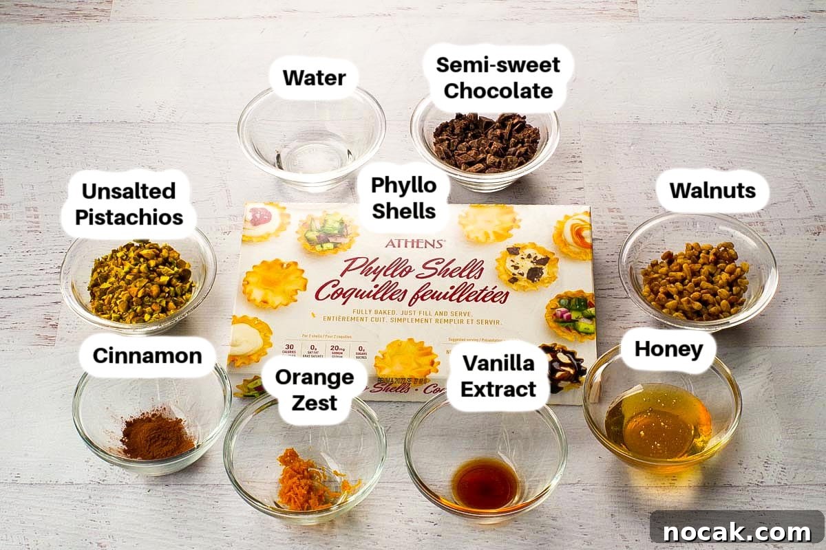 Ingredients in Chocolate Baklava Cups in glass bowls, labelled.