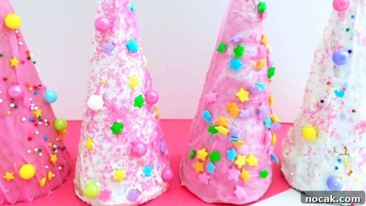 Four pieces of edible unicorn horns made with ice cream horns. 
