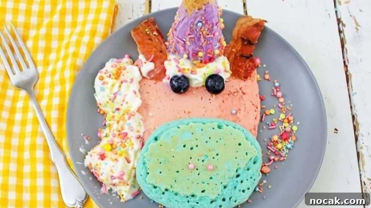 A plate of Unicorn Pancake set on a table with a yellow napkin and a fork on the side. 