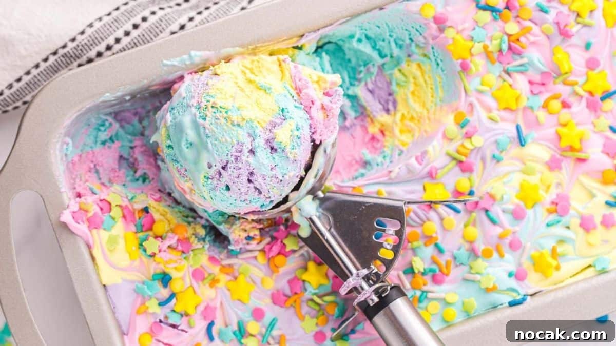 A scoop of Unicorn Ice Cream from the container. 