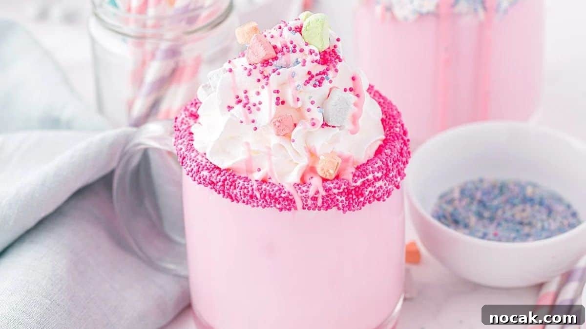 A single serving of Pink-colored Unicorn Hot Chocolate, topped with whip cream, mallows and some sprinkles. 