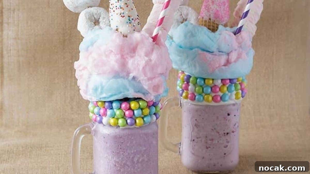Two servings of Unicorn themed shakes served in mason jars. 