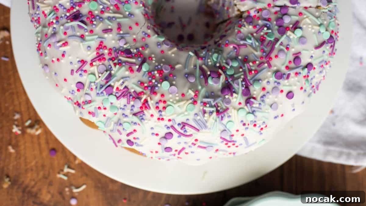 Unicorn Bundt Cake on a plate. 