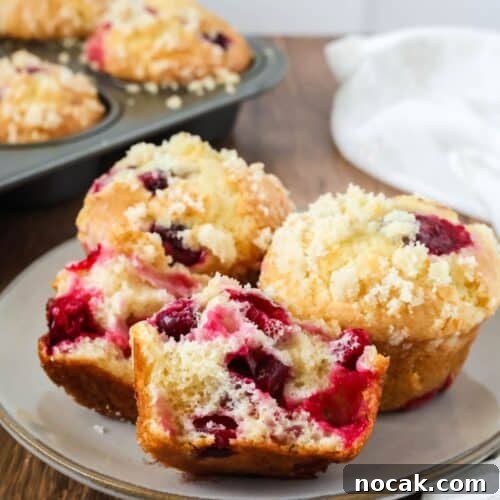 Cranberry Orange Muffins Made with Cake Mix 11 Cake mix cranberry orange muffins served on a plate, with more muffins in the pan in the background. One muffin is torn in half to show the juicy berries inside.