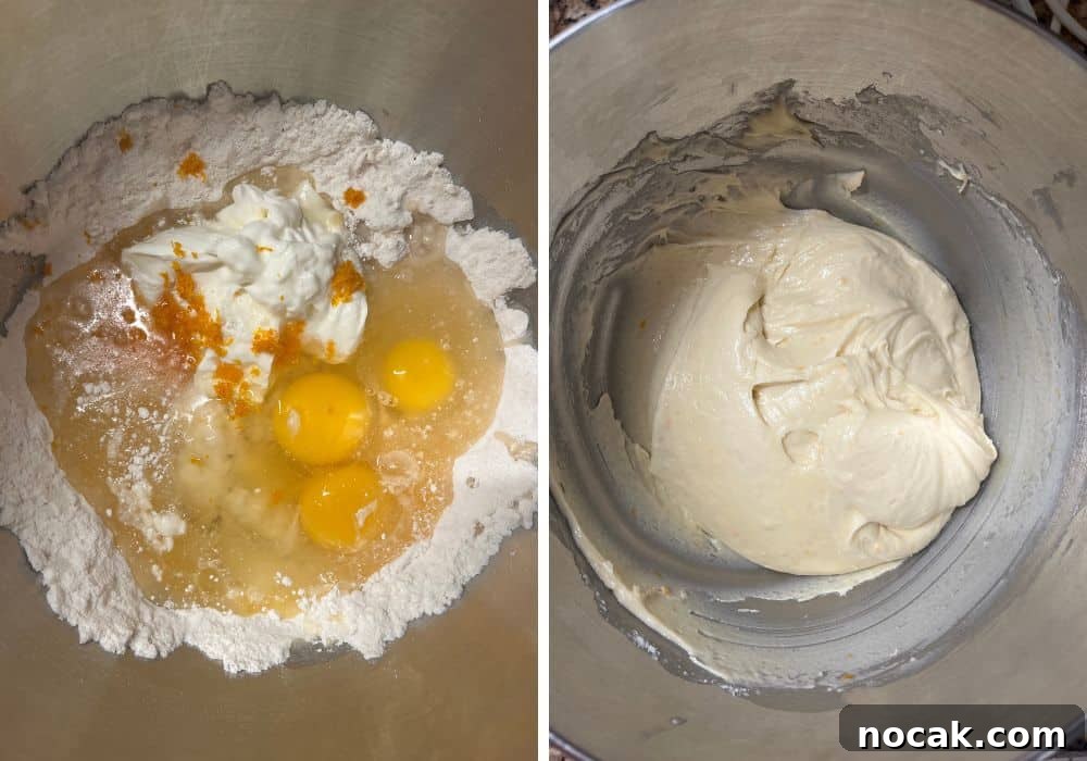 Cranberry Orange Muffins Made with Cake Mix 6 two photos; one shows ingredients for muffin batter in a mixing bowl; the other shows the ingredients mixed into a batter.