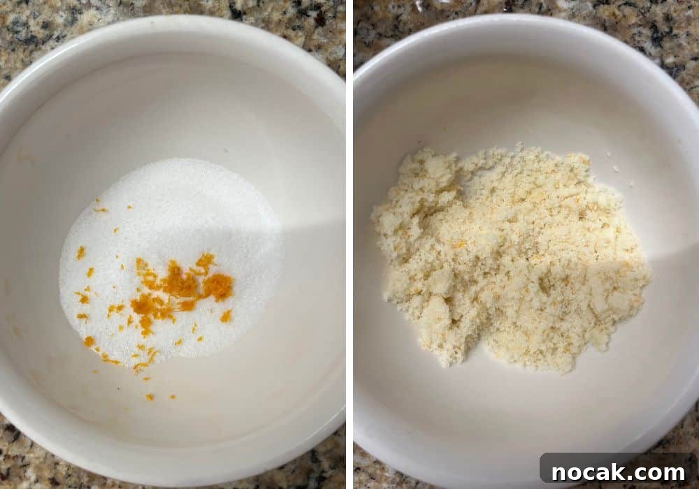Cranberry Orange Muffins Made with Cake Mix 8 two photos; one shows orange zest and sugar in a small bowl; the other shows the two ingredients combined.