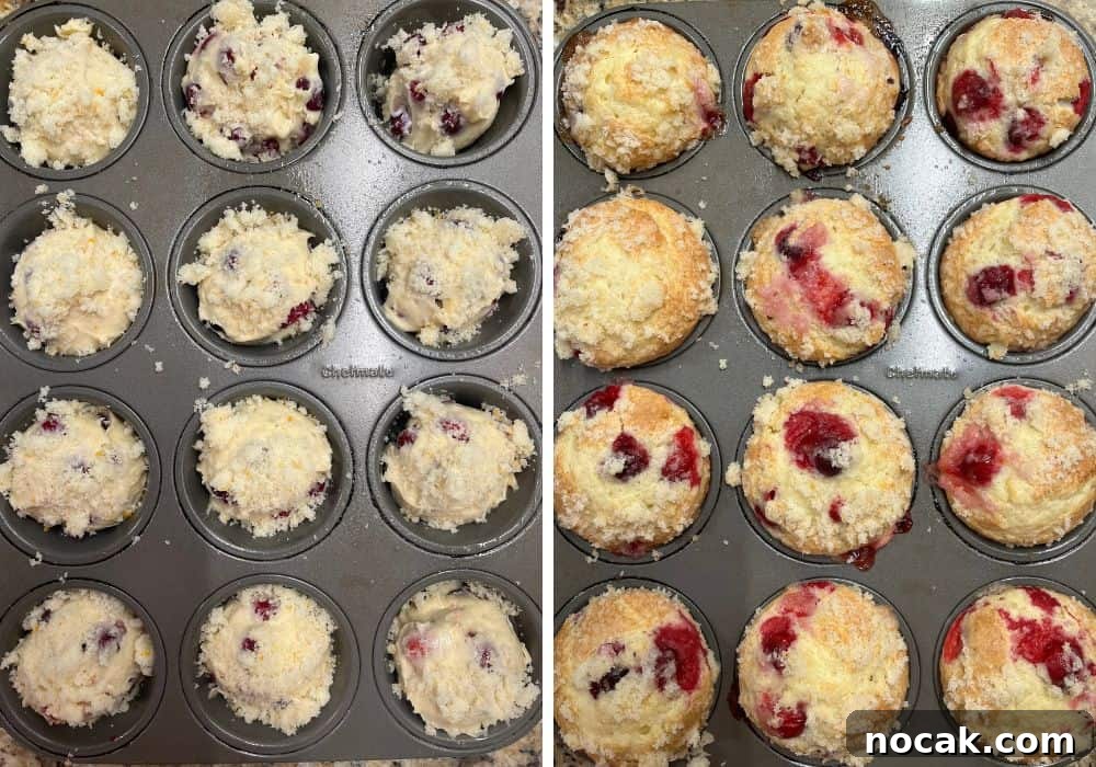 Cranberry Orange Muffins Made with Cake Mix 9 two photos; one shows streusel sprinkled over muffin batter; the other shows freshly-baked cake mix cranberry orange muffins topped with streusel, still in the muffin tin.