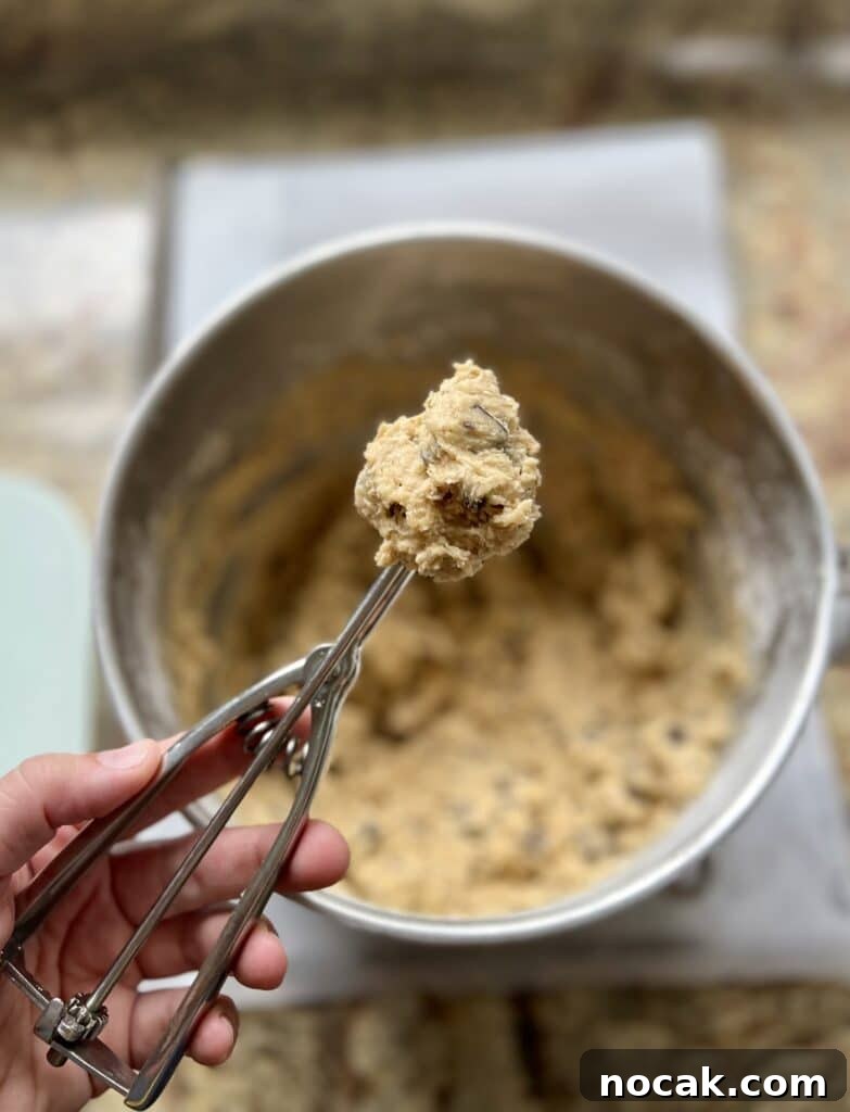 Stand Mixer Reviews: KitchenAid, Bosch, Ankarsrum & Ooni Compared 5 Cookie dough in a cookie scoop with KitchenAid bowl on the counter.