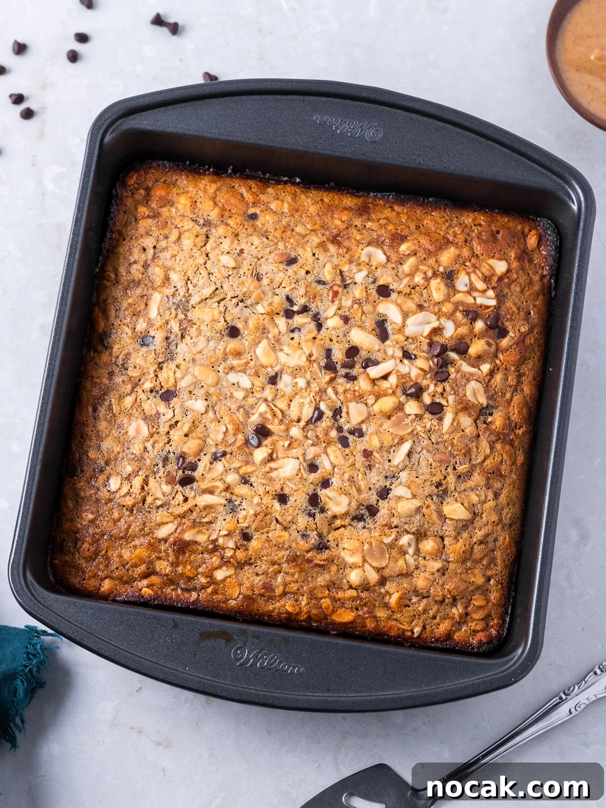 Peanut Butter Baked Oats with Maple and Banana 9 Fully baked peanut butter oatmeal in a 8x8 baking dish