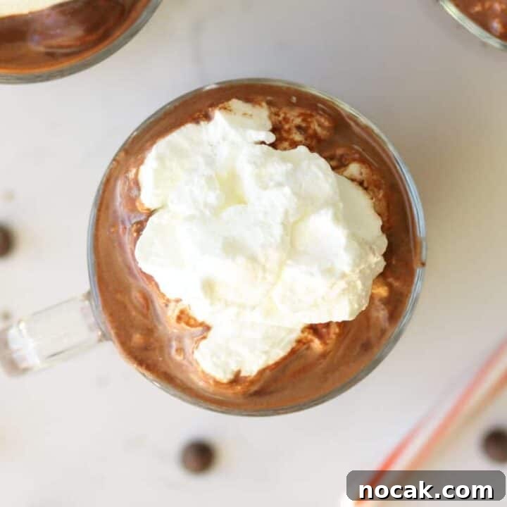a glass mug of hot chocolate topped with whipped cream and chocolate chips and candy canes laying next to it