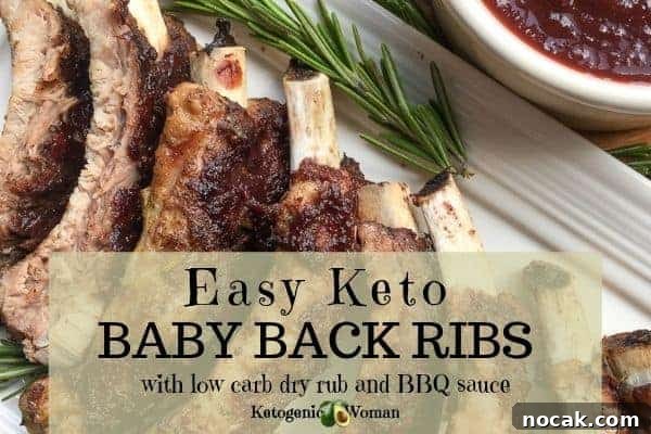 Easy Keto Baby Back Ribs with low carb dry rub and BBQ sauce. 