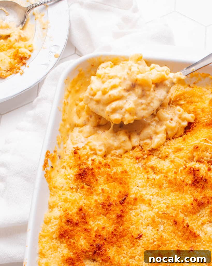 Creamy Cheese Sauce Recipe for Mac and Cheese 2 Old Fashioned Baked Macaroni and Cheese with a spoon scooping some out.